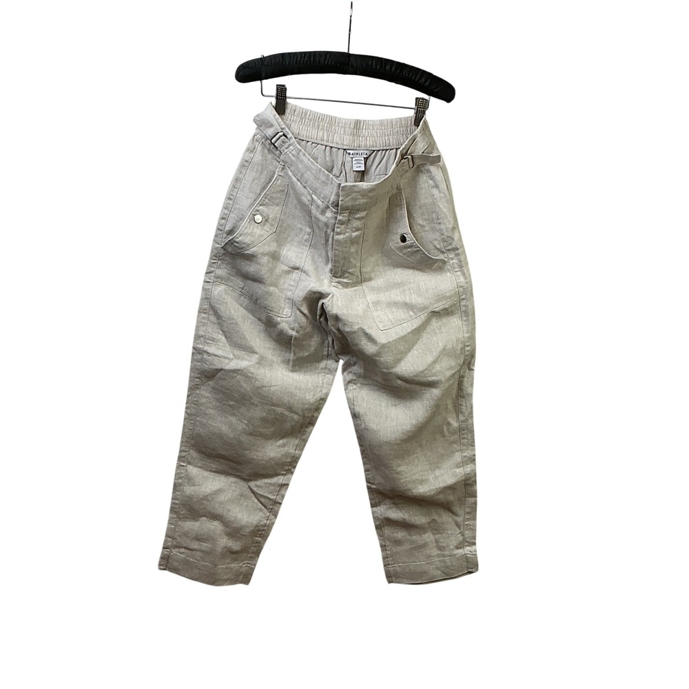 Athleta Linen Side Buckle Pants Beige Oatmeal Petite 6P Relaxed Tapered Ankle - Picture 4 of 15